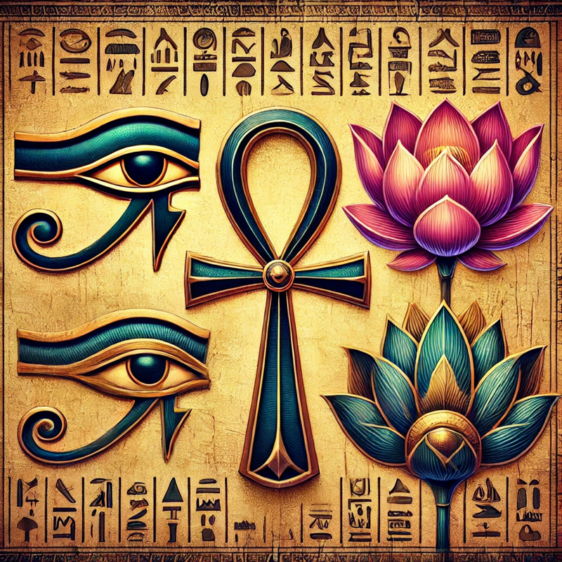 Ancient Egyptian Symbols: Ankh, Eye of Horus, and Lotus Flower on Papyrus