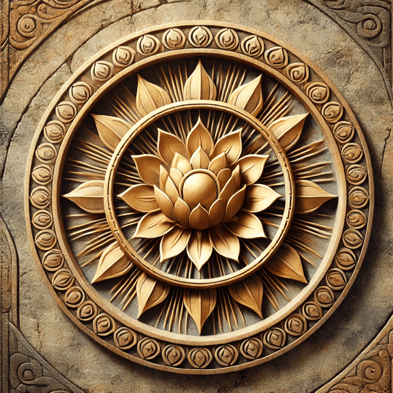 Ancient-Style Logo with Lotus Flower and Sun Wheel Symbol